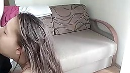 Amateur busty brunette girl gives nice blowjob