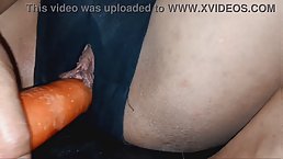Amateur Latina gets her twat stuffed with carrot, beer bottle, cucumber, dildo and real dick #4