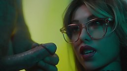 Zelex sex doll gets a load on her glasses and tits