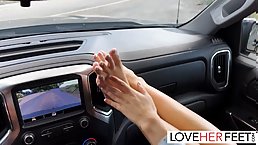 Hitchhiking hottie with sexy feet gets fucked in the car