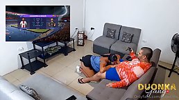 Amateur PAWG Latina sucks her BF's dick and swallows cum while he plays FIFA