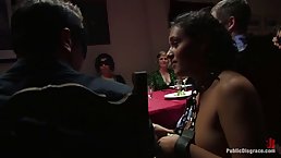 BDSM dinner party with submissive brunette girl