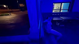 Busty brunette slut fucking herself on the street