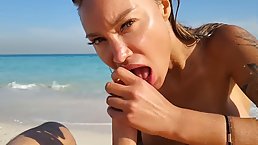 Naughty brunette MILF Monika Fox blowjobs on the beach with oral creampie (POV)