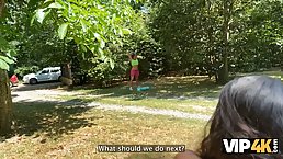 Pretty young brunette girl with small tits gets fucked outdoor (POV)