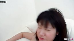 Small tits Japanese babe gets her hairy pussy fucked and creampied