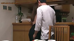 Japanese auntie with saggy tits sucks and rides young cock
