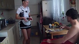 Young sexy housegirl Nathalia gets fucked in the kitchen