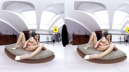 Horny brunette slut with nice tits plays with her toys