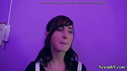 Busty brunette babe Lia Louise gets banged by two men
