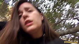 Amateur brunette girl with nice ass Abbie Maley sucks dick outdoor