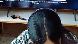 Young brunette stepsis gives a great blowjob (POV-style)