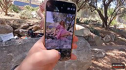 Young tourist girl sucks dick outdoor for photos