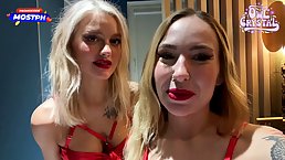 Nice threesome fuck with two beautiful girls in red lingerie before Xmas