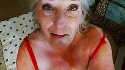 Old granny in red plays solo on camera