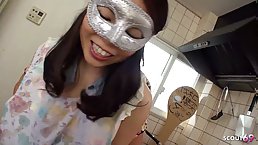 Beautiful Japanese babe sucks dick and gets facial
