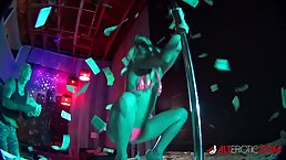 Small tits tattooed blonde MILF Kali Roses gets fucked in the strip club