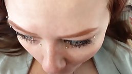 Young redhead slut sucks dick with eye contact (sitting top of her)