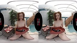 Small tits redhead babe plays with big black dildo