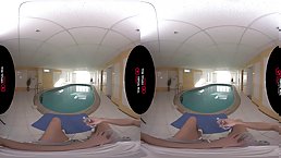 Two sexy babes share big cock by the pool (VR)