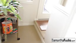 Busty blonde MILF Samantha takes a shower