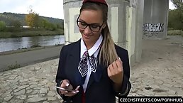 Beautiful brunette stewardess gets some cash for sex (POV)
