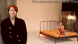 Skinny redhead girl gangbanged on the bed