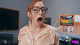 Busty redhead MILF teacher caught black guy fucks schoolgirl and joins threesome after huge cumload