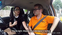 Busty Latina beauty with glasses bangs driving instructor