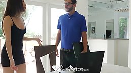 Small tits Asian MILF Kalina Ryu fucks computer technician