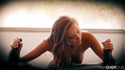 Tiny tits blonde babe stroking two big black cocks