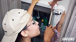 Female plumber licks her client's pussy after work's done