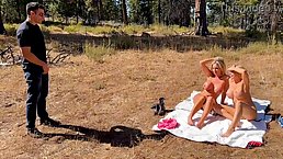 Hot outdoor threesome fuck with two busty blondes