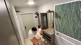 Young brunette girl with tattoo gets fucked with cum on her mouth
