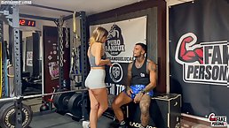Horny Latina flirts and fucks personal trainer at the gym