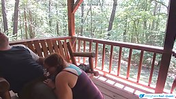 Amateur redhead MILF with glasses sucks dick on terrace
