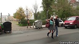 Skinny mature slut in stockings gets fucked DGS by young guy