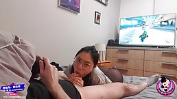 Chinese teen with glasses June Liu sucks dick and loves it