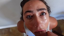 Amateur young brunette slut deepthroats big cock and gets cum in her mouth