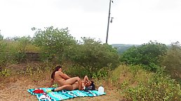 Busty Latina MILF and her curvy stepdaughter have sex in the woods