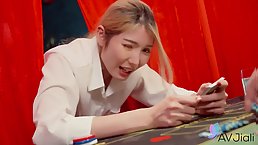 Young Taiwanese blonde fucks and plays poker at the same time