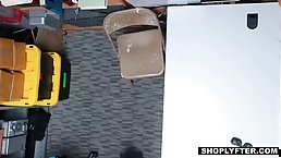 Young brunette shoplifter fucking two guys to get out of trouble