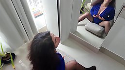 Chubby brunette MILF gives gentle POV blowjob