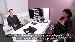 Amateur intact guy fucks busty brunette female agent