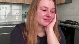 18 y.o. blonde with big tits JuiceLussie masturbates and squirts in the kitchen