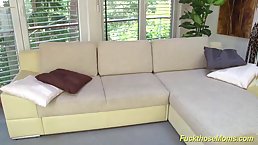 Sexy blonde MILF rides big cock and gets cum on her boobs
