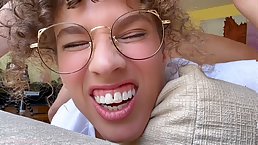 Curly haired MILF with glasses gets anally fucked and creampied by her stepson
