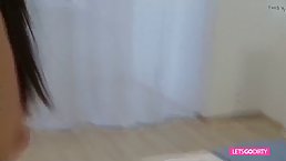Pretty brunette babe with small tits gets her pussy fucked with cum on face