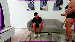 Busty Latina maid sucks her young boss dick