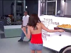 Cute girl gets involved in a gangbang and in the end she drinks cum out of a helmet